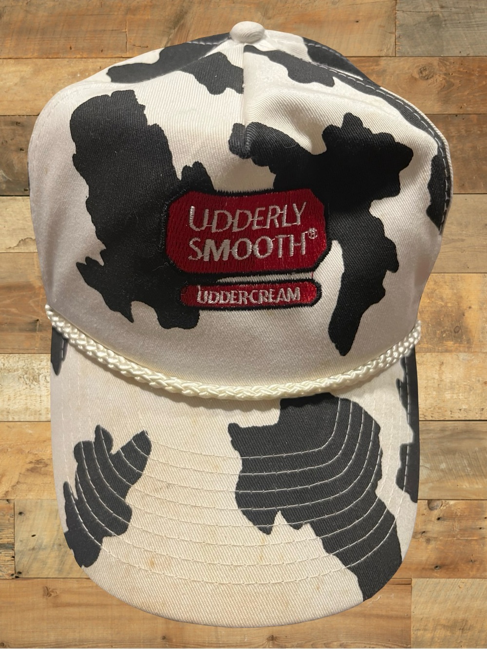 Vintage Udderly Smooth Cow Print Snapback Hat Graphic Cap Black and White